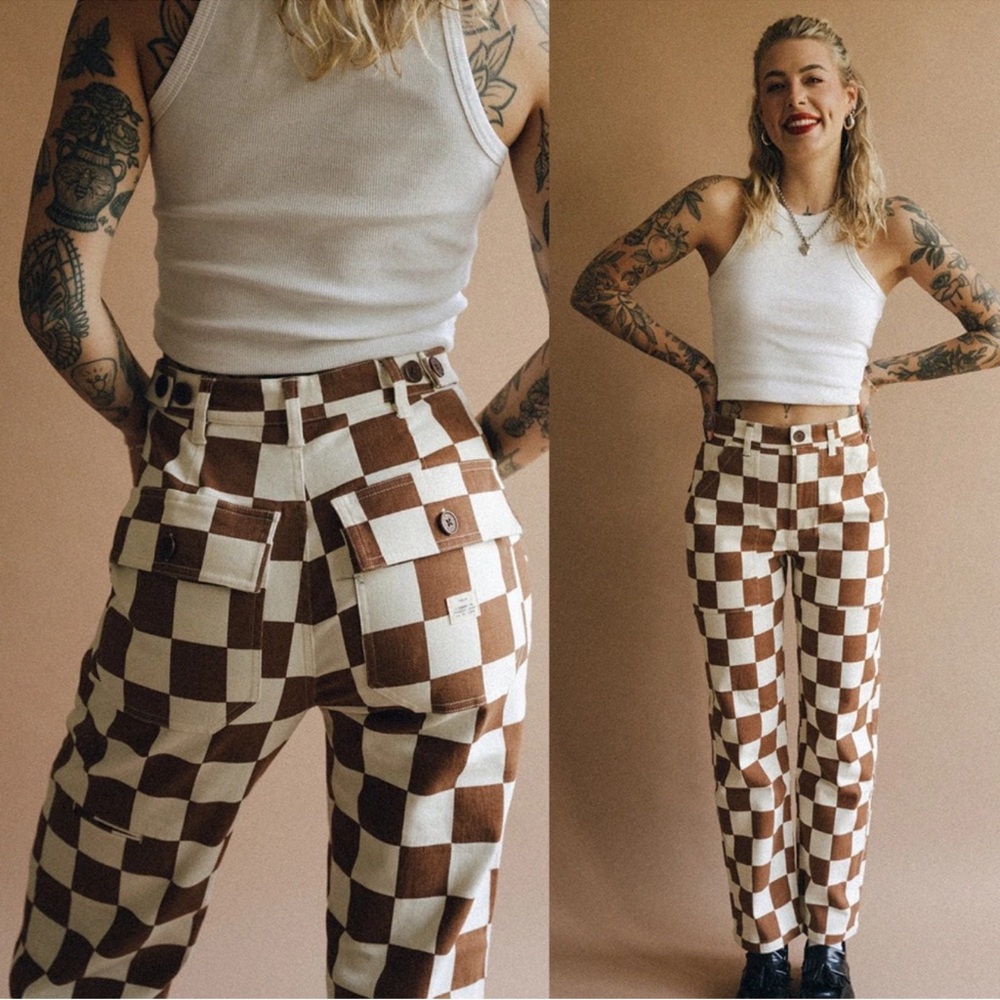 P&Co  NWT 304 Service Fatigue Checkerboard High Waisted Straight Leg Pants 2 Reg - Picture 2 of 12